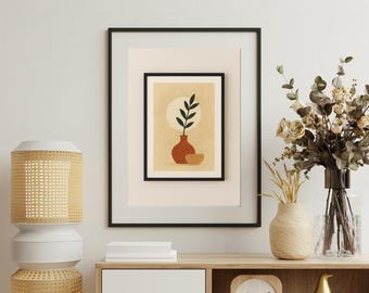 Neutrale vaas als wanddecoratie, vintage achtergrond, rustieke boho-wanddecoratie, moderne woondecoratie met bloemen, canvas als wanddecoratie, abstracte kunstprint