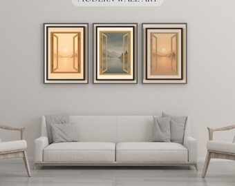 Zen Window Wall Art Set of 3, Minimalist Japanese Wall Decor, Tranquil Prints for Bedroom, Living Room, Calm Neutral Artwork for Living Room