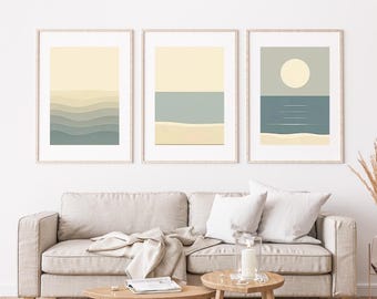 Zestaw dekoracji ściennych z motywem oceanu, dekoracja ścienna z motywem plaży nadmorskiej, nadruki z falami morskimi do salonu, wystrój domu w stylu marynistycznym, minimalistyczna dekoracja ścienna, nadruk w stylu boho nadmorskim