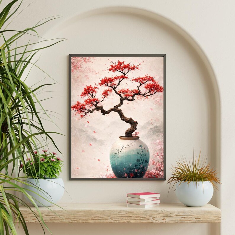 May include: Framed art print featuring a bonsai tree with vibrant red blossoms. The tree is in a teal and white vase with floral accents. The background has a soft, watercolor-like effect with pink and gray hues.