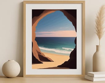 Widok na ocean z jaskini – minimalistyczna, nadmorska sztuka ścienna do druku | Plakat Japandi Calm – nowoczesna wersja cyfrowa do pobrania do salonu, sypialni.