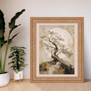 Ancient Tree Gold Moon Wall Art Print, Japandi Botanical Painting, Neutral Beige Nature Decor, Luxury Abstract Tree Poster, Digital Download bild 1