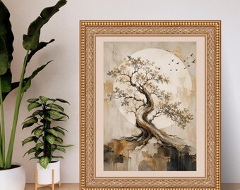 古代の木と金色の月のウォールアートプリント、ジャパンディ植物画、ニュートラルベージュの自然装飾、高級抽象樹ポスター、デジタルダウンロード