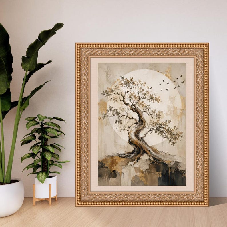 Ancient Tree Gold Moon Wall Art Print, Japandi Botanical Painting, Neutral Beige Nature Decor, Luxury Abstract Tree Poster, Digital Download bild 1