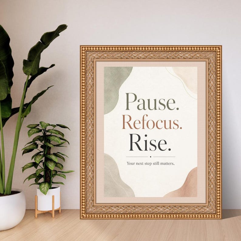 Peut inclure: Une affiche murale encadr&eacute;e avec le texte "Pause. Refocus. Rise." et "Your next step still matters." Le design pr&eacute;sente des formes abstraites &agrave; l'aquarelle dans des tons vert sauge, beige et terre cuite dans un cadre dor&eacute; orn&eacute;.
