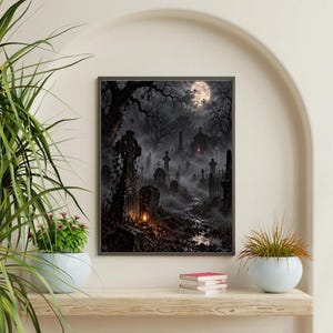 Haunted Cemetery Full Moon Ghosts Print | Gothic Graveyard Wall Art | Spooky Halloween Dark Academia Decor Foggy Night Scene immagine 1