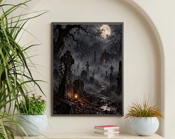 Haunted Cemetery Full Moon Ghosts Print | Gothic Graveyard Wall Art | Spooky Halloween Dark Academia Decor Foggy Night Scene