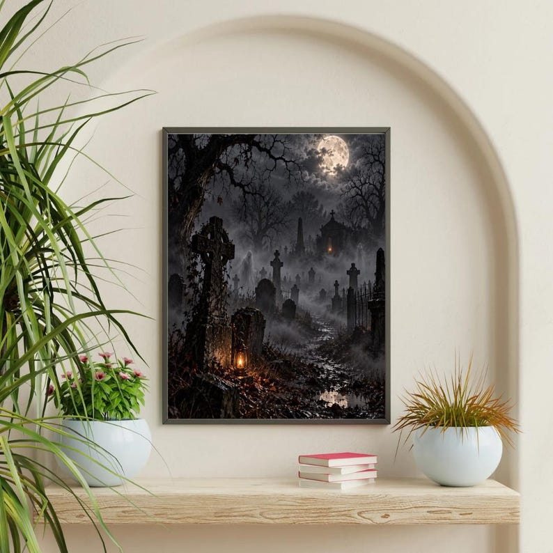 Haunted Cemetery Full Moon Ghosts Print | Gothic Graveyard Wall Art | Spooky Halloween Dark Academia Decor Foggy Night Scene immagine 1