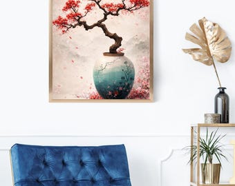 Bonsai Cherry Blossom Wall Art, Japandi Zen Tree Print, Japanese Aesthetic Decor, Minimalist Nature Poster, Red Sakura Art, Asian Style