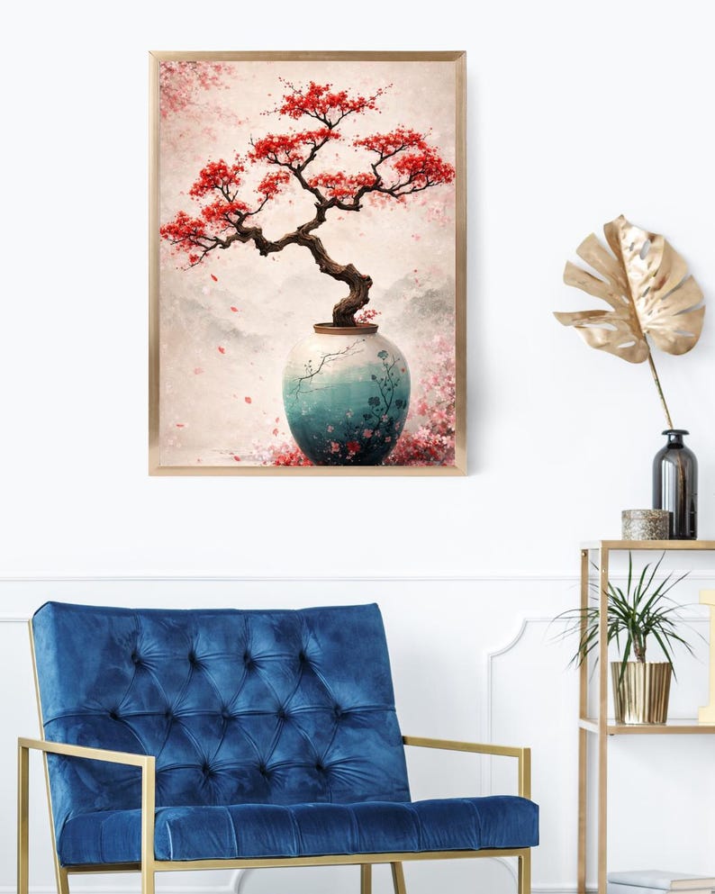 May include: A framed art print featuring a bonsai tree with vibrant red blossoms. The tree is planted in a teal and white vase with floral designs. The background has a soft, blurred effect with pink and white tones, creating a serene and artistic aesthetic.