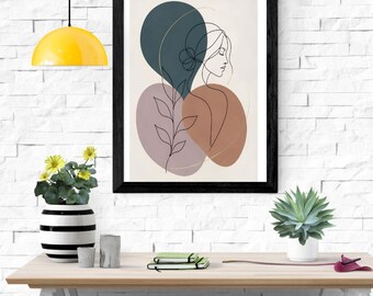 Woman in Bloom  Abstract Line Art Print, Botanical Female Figure Wall Art, Minimalist One Line Drawing, Teal Mauve Terracotta Decor