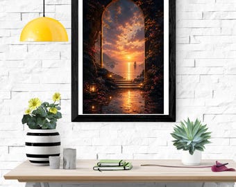 ゴールデンアーチの夕日と海のウォールアートプリント、ファンタジーポータルの海景画、ロマンチックな植物風景、ダークでムーディーな自然の装飾、デジタル