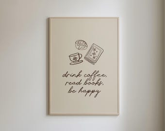 Koffie en boeken kunstafdruk | Minimalistische Reading Nook Art (digitale download)
