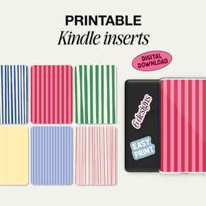 Könnte beinhalten: Druckbare Kindle-Einsätze mit Streifenmustern in Blau, Rosa, Grün, Gelb und Rot. Ein schwarzes Kindle-Gerät wird mit einer rosa-rot gestreiften Hülle gezeigt. Der Text "DIGITALER DOWNLOAD" und "EINFACHER DRUCK" ist sichtbar.