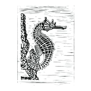 Seahorse black and white Linocut Art Print