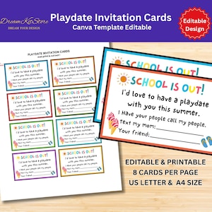 May include: Playdate invitation cards with a summer theme. The cards feature the text "School is Out!" and include space for personal details. The design is editable and printable, with 8 cards per page, available in US Letter and A4 sizes.