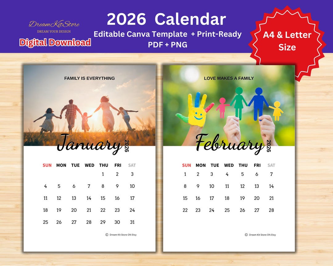 2026 Photo Calendar Printable, Editable Canva Template (digital ...