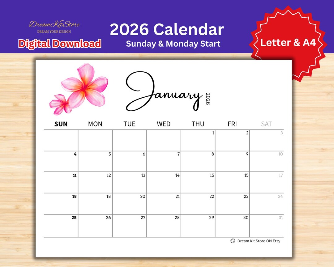 2026 Floral Watercolor Calendar | Printable Landscape Planner (digital ...