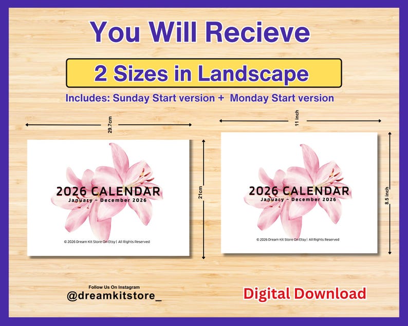 2026 Floral Watercolor Calendar | Printable Landscape Planner (digital ...