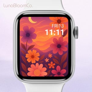 Sfondo floreale celeste per Apple Watch, download digitale di fiori galattici, quadrante con luna e stelle cosmiche, tema mistico del cielo notturno