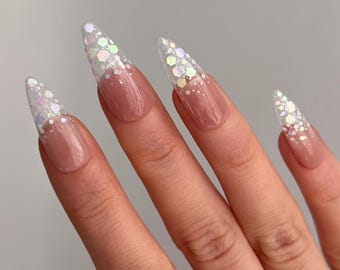 Iridescent Glitter French Tip Press On Nails, ręcznie robiony zestaw do zdobienia paznokci w szpilkach