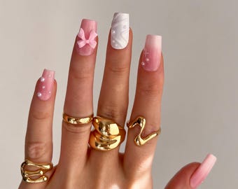 Pink Coquette Press On Nails, Bow Pearl Nails, Soft Girl Kawaii Press Ons