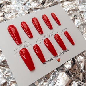 Red Coffin Press On Nails: Glossy Ballerina False Nail Set