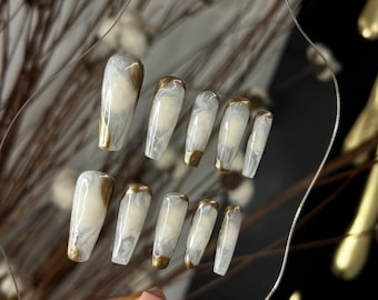 Gold Marble Press On Nails | Milky White Luxury Nail Set
