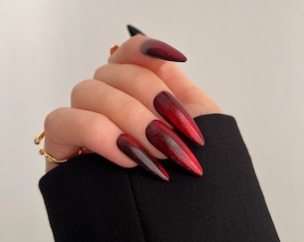 Press On Nails Red Cat Eye Magnetic Design