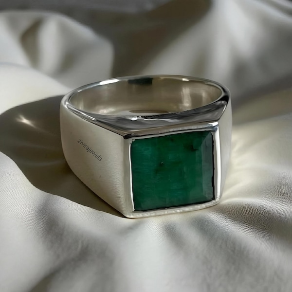 Sterling Silver Men's Signet Ring: Emerald Gemstone, Square Bezel