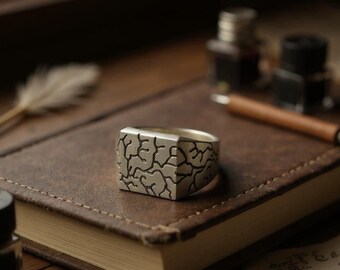 Statementring sterlingzilver voor heren: craquelé, brede band
