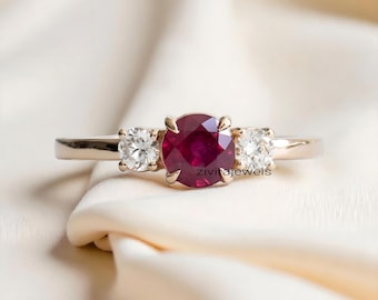 Ruby Three Stone Ring: Sterling Silver Engagement, July Birthstone