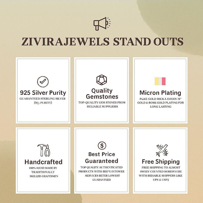 May include: Image with text: ZIVIRAJEWELS STAND OUTS. Features include 925 Silver Purity, Quality Gemstones, Micron Plating, Handcrafted, Best Price Guaranteed, and Free Shipping. The image has a beige background with white boxes.