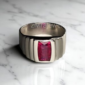 Men’s Ruby Ring | 925 Silver Statement Band | Rectangular Cut | July Birthstone | Handmade Gemstone Jewelry