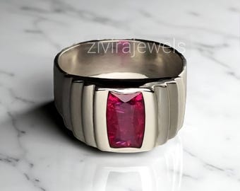Anello da uomo con rubino / Fascia importante in argento 925 / Taglio rettangolare / Pietra portafortuna di luglio / Gioielli con pietre preziose fatti a mano