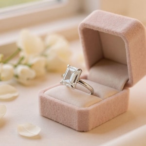May include: A silver engagement ring with a large emerald-cut diamond sits in an open pink velvet ring box. The ring box is displayed against a soft, blurred background of flowers. The ring's setting is silver.