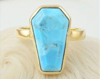 Türkisring im Sargschliff, vergoldetes Sterlingsilber, Statement-Ring mit Lünettenfassung