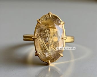 Sterling Silver Natural Rutilated Quartz Ring | April Birthstone | Large Oval Statement Handmade Jewelry