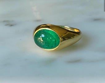 Zegelring in vintage stijl smaragd cabochon: 925 verguld zilver