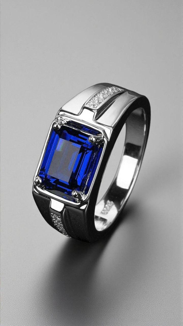 Blue Sapphire Mens Solitaire Ring with Engraved Meander, 925 Silver Big Blue Stone Statement Ring For Men, Greek Ring, Ring For Men, Sterling Silver