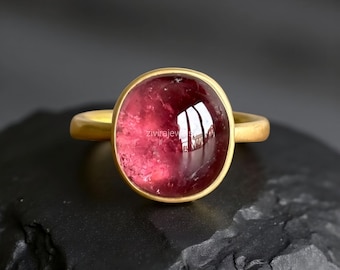 Roze toermalijn edelsteenring: 925 sterlingzilver gouden afwerking