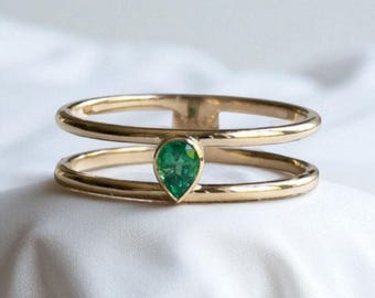 Anillo de esmeralda en forma de pera flotante: Doble banda de plata de ley 925