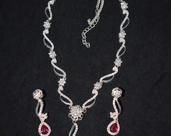 Sterling Silver Ruby Necklace Earring Set | Handmade Bridal Jewelry
