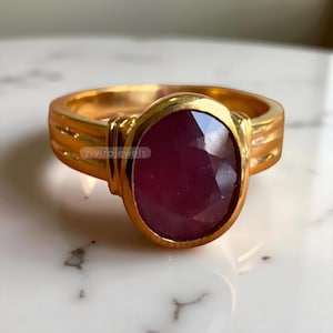 Ruby Oval Gemstone Ring – 925 Sterling Silver Gold Plated, Handmade Red Stone Statement Band,
