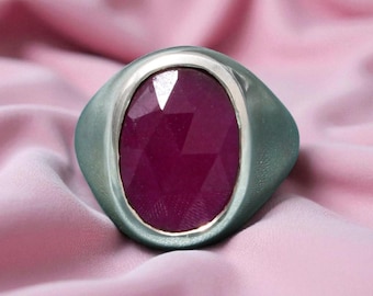 Oval Ruby Sterling Silver Statement Ring - Bold Gemstone Solitaire