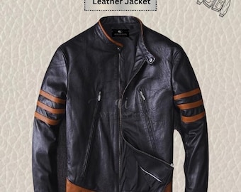 X Men's Wolverine Logan Brown Striped Real Leather Biker Jacket: Retro Comic Style