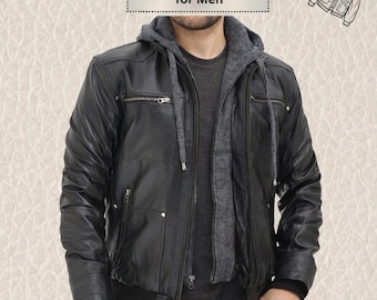 Chaqueta bomber de cuero negro para hombre, hecha a mano, con capucha extraíble. Chaqueta de motociclista de piel de cordero auténtica.