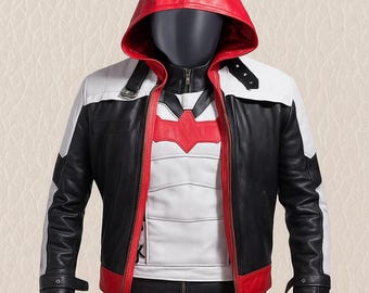 May include: A black, white, and red hooded jacket with a zipper closure. The jacket features a red hood, white and black panels, and a red emblem on the chest. The text "Hooded Jacket for Men" is at the top.