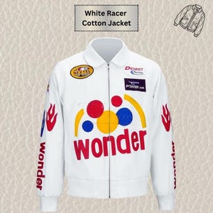 Handmade Printed Racing Bomber Jacket: Retro Nascar-Inspired Moto Jacket.