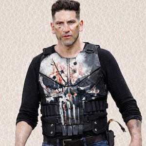 Chaleco táctico de cuero negro con calavera para hombre - Chaleco de motociclista para cosplay hecho a mano